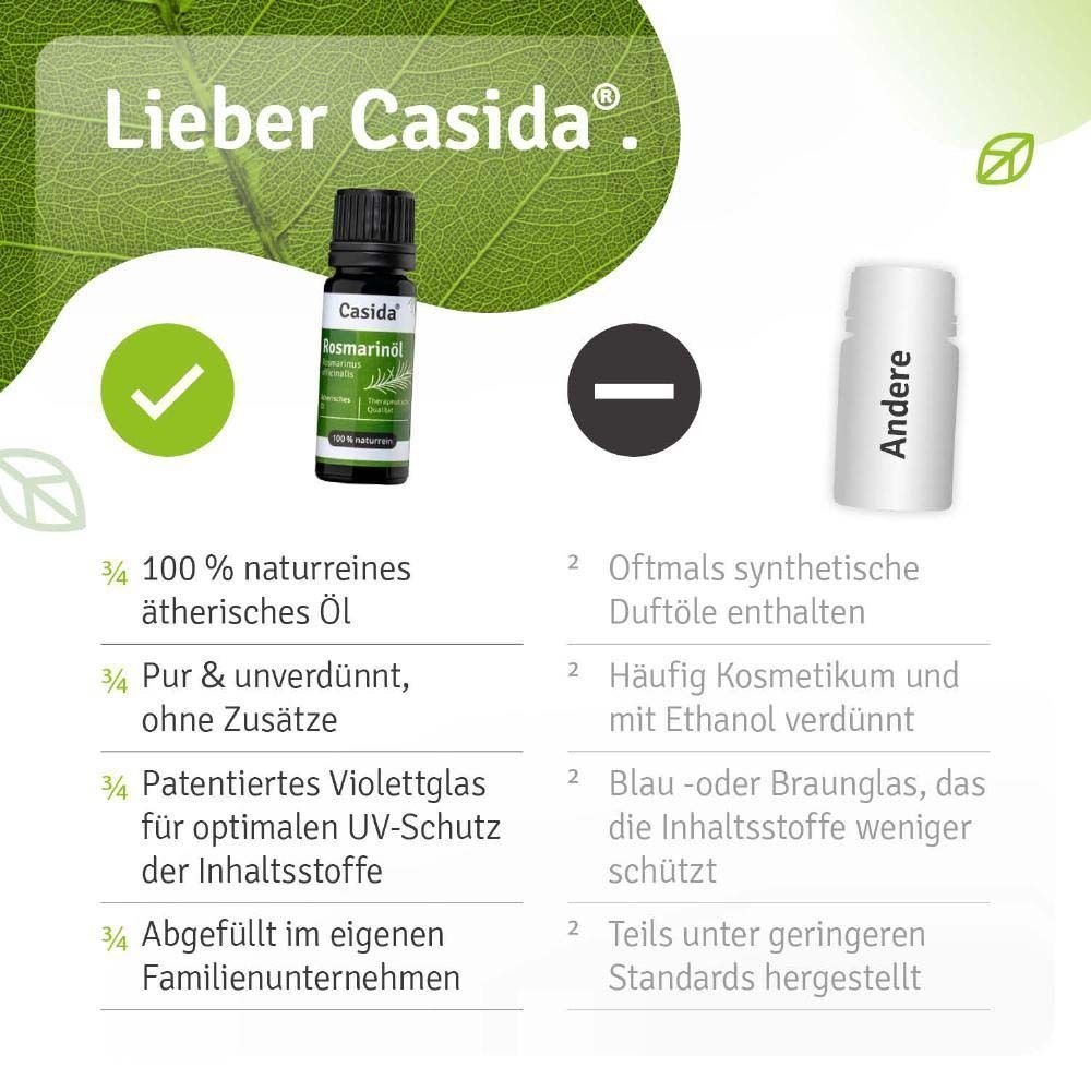 Text: Lieber Casida. 100% naturreines ätherisches Öl, pur & unverdünnt, patentiertes Violettglas.