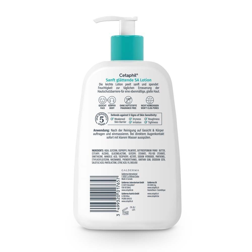 Rückseite einer weißen Flasche mit grün-blauem Etikett. Text: Cetaphil, Sanft glättende SA Lotion. Inhaltsstoffe.