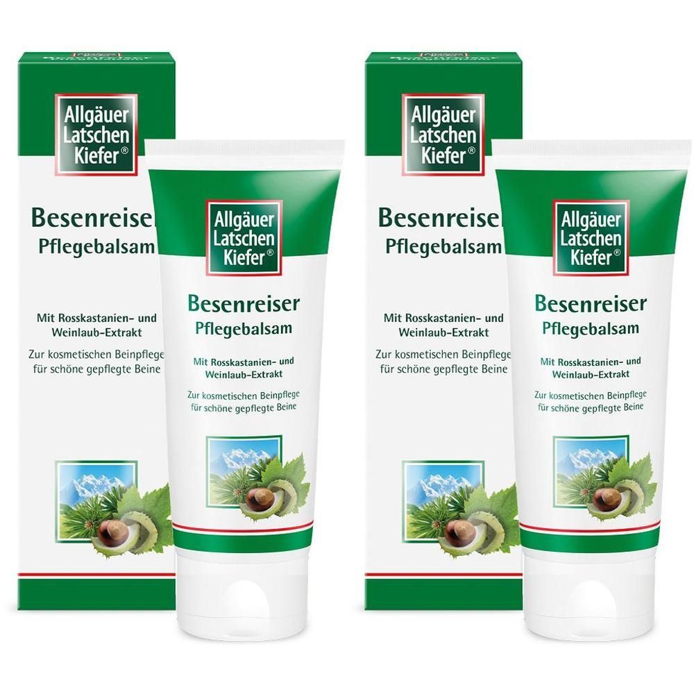 Zwei Tuben und zwei Verpackungen von Besenreiser Pflegebalsam. Grün-weiße Verpackung mit Produktnamen und Logo.