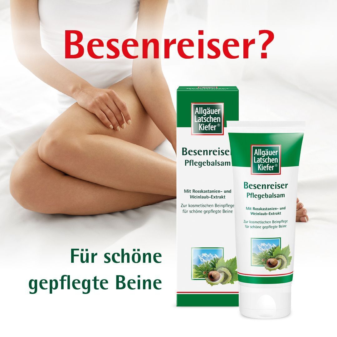 Eine Frau sitzt auf einem Bett. Daneben eine Tube und eine Verpackung von Besenreiser Pflegebalsam.