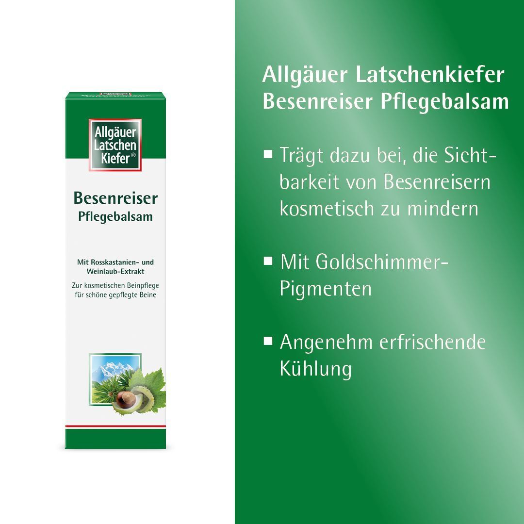 Verpackung von Besenreiser Pflegebalsam. Text: Trägt dazu bei, die Sichtbarkeit von Besenreisern kosmetisch zu mindern.