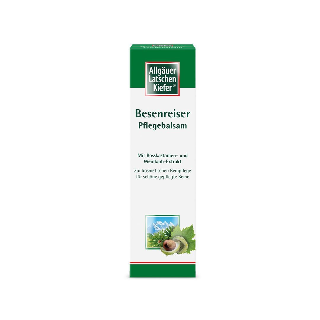 Verpackung von Besenreiser Pflegebalsam. Grün-weiße Verpackung mit Produktnamen und Logo.