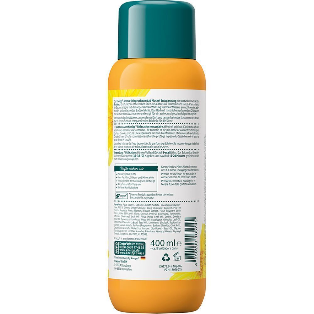 Rückseite einer Flasche Kneipp® Aroma-Pflegeschaumbad Muskel Entspannung. Gelbe Flasche mit grünem Deckel. Text und Inhaltsangaben.