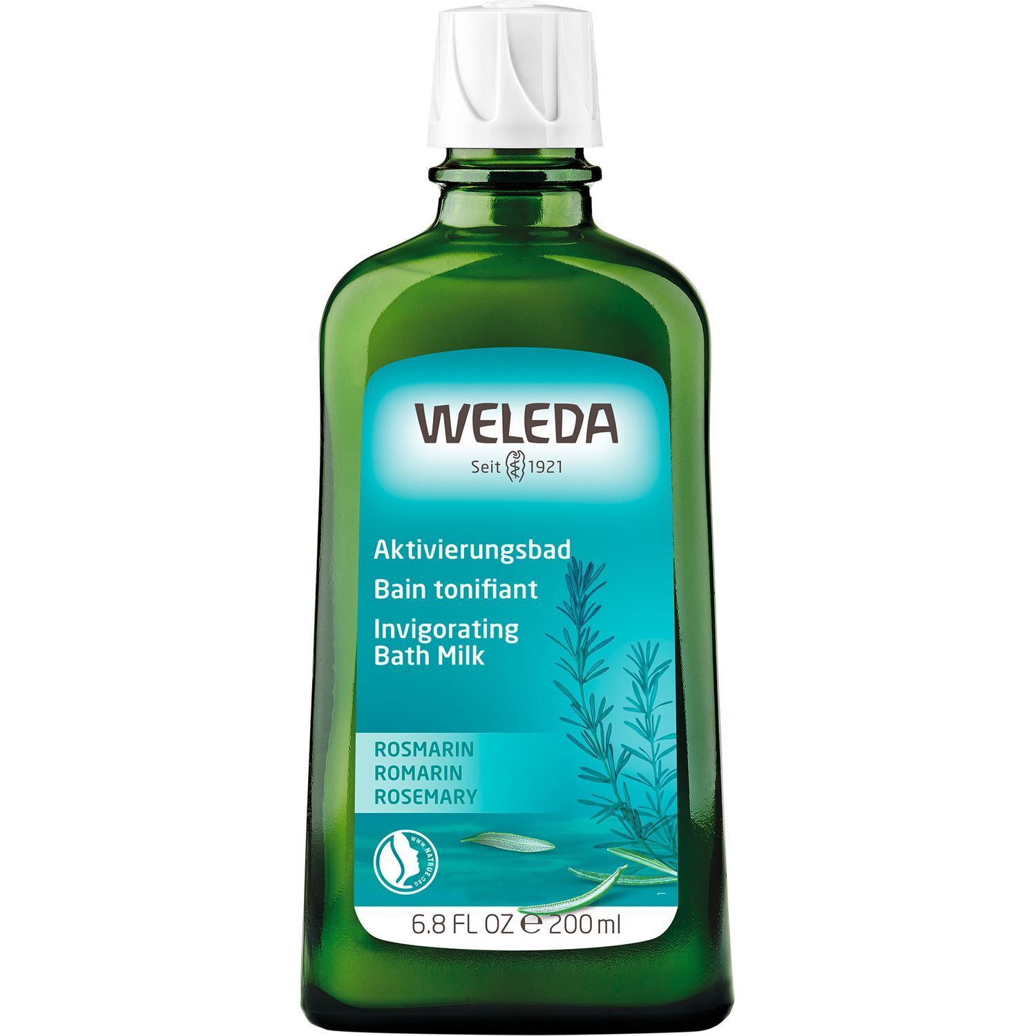 Grüne Flasche mit weißem Verschluss. Aufschrift: WELEDA, Aktivierungsbad, Rosmarin, 6.8 FL OZ e 200ml.