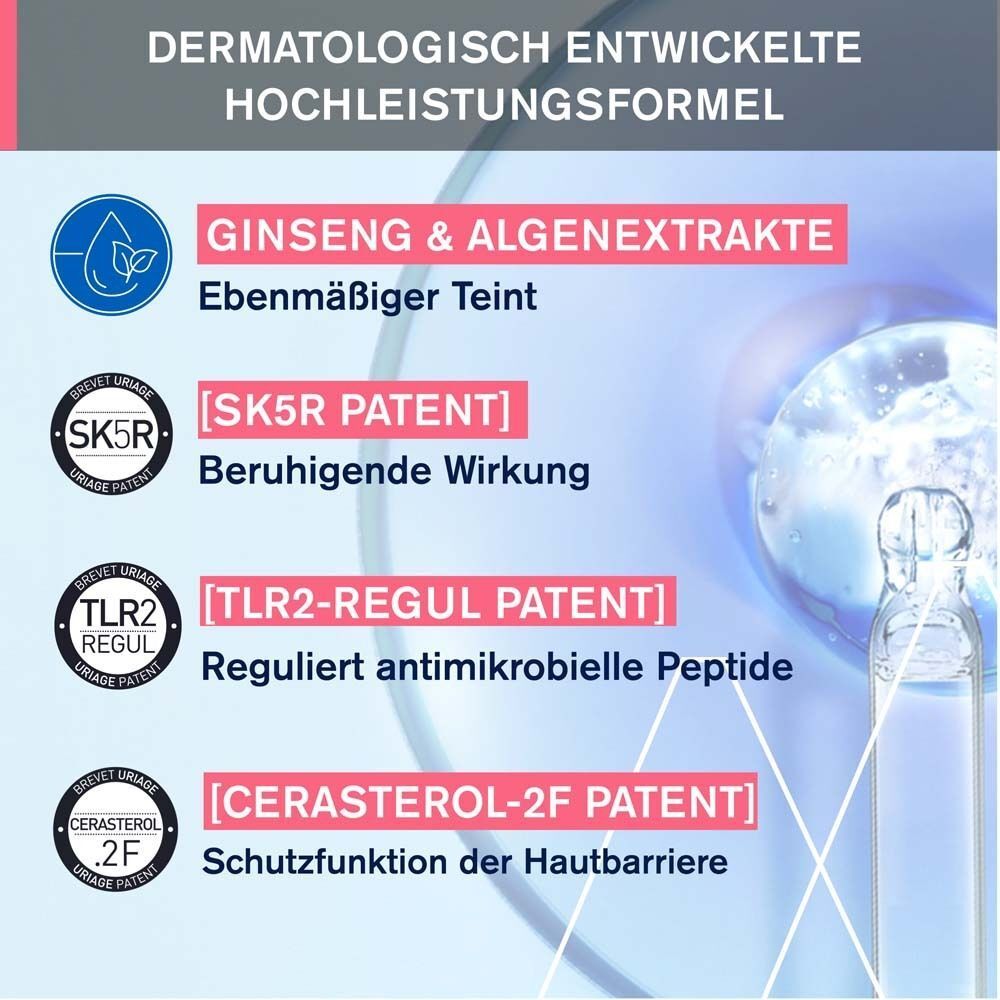 Grafik mit Inhaltsstoffen. Ginseng & Algenextrakte. SK5R Patent. TLR2-Regul Patent. Cerasterol-2F Patent. Dermatologisch entwickelte Formel.