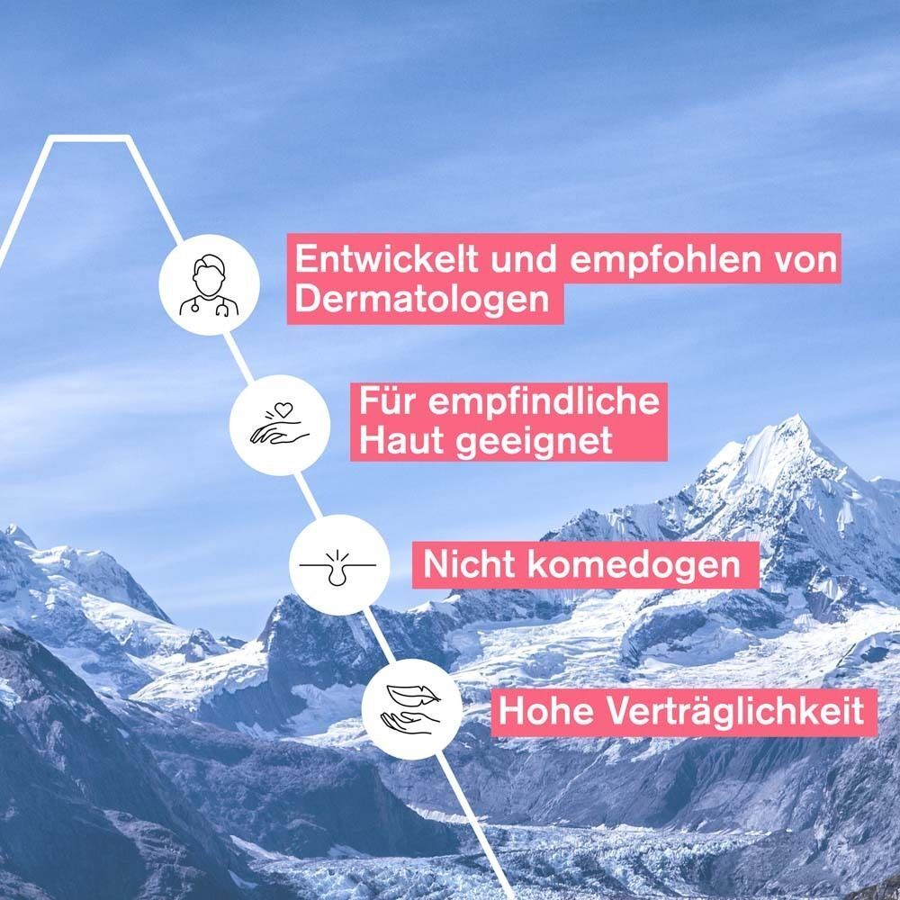 Grafik mit Icons. Entwickelt und empfohlen von Dermatologen. Für empfindliche Haut geeignet. Nicht komedogen. Hohe Verträglichkeit.