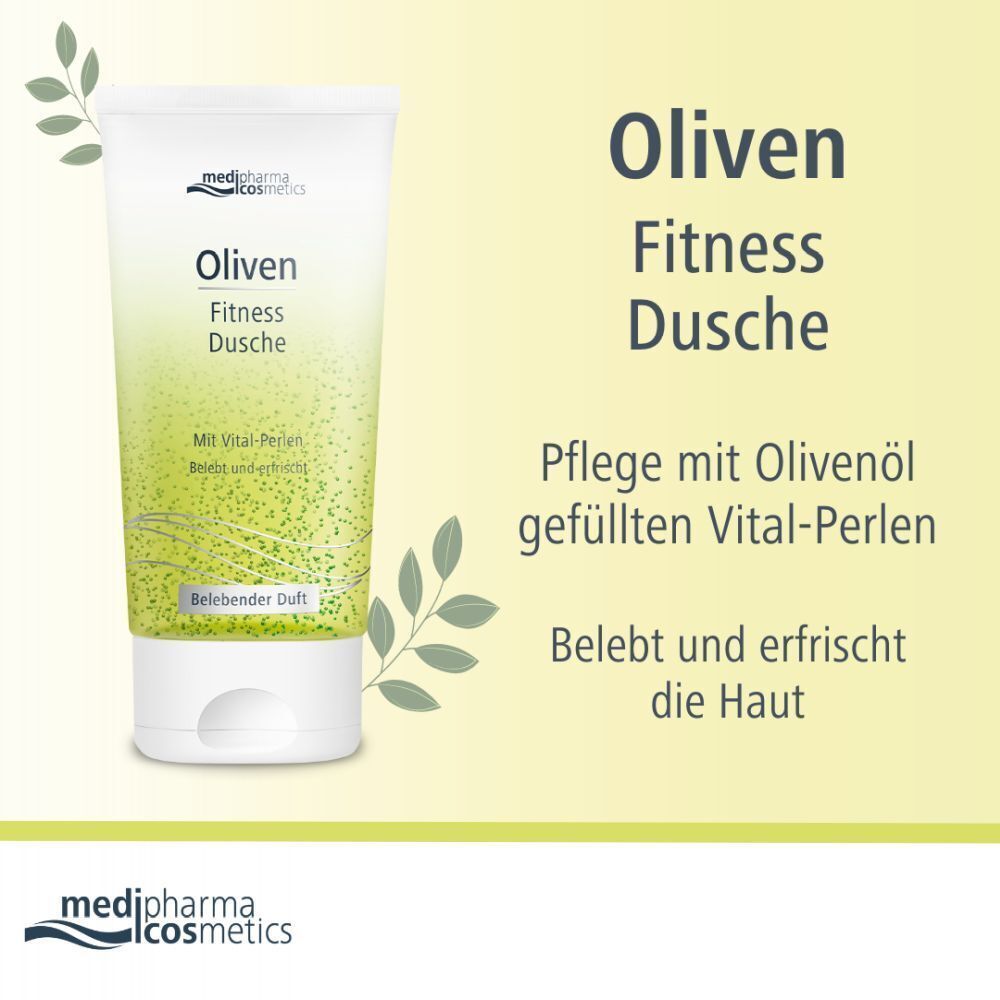 Tube Oliven Fitness Dusche. Weiße Tube mit grünem Inhalt und Schriftzug. Pflege mit Olivenöl gefüllten Vital-Perlen.
