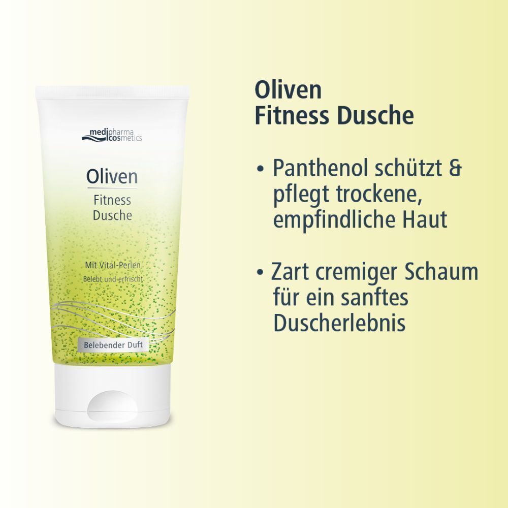 Tube Oliven Fitness Dusche. Weiße Tube mit grünem Inhalt und Schriftzug. Panthenol schützt trockene, empfindliche Haut.