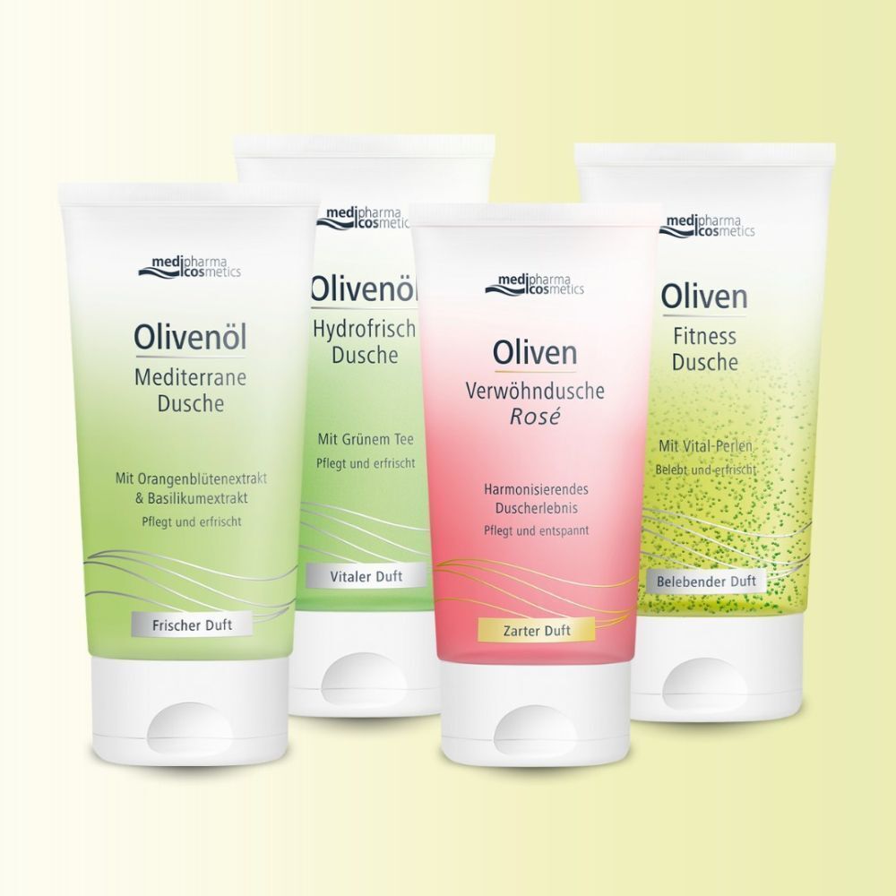 Vier Tuben Duschgel. Olivenöl, Hydrofrisch, Verwöhndusche Rose und Fitness Dusche. Verschiedene Farben und Schriftzüge.