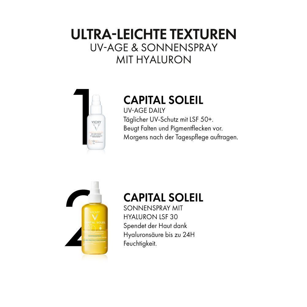 Zwei Produkte. Oben: Vichy Capital Soleil UV-Age Daily. Unten: Vichy Capital Soleil Sonnenspray mit Hyaluron LSF 30.