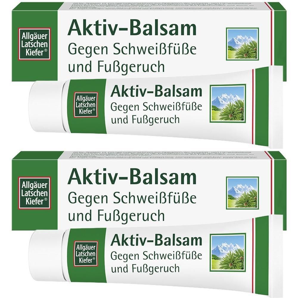 Mehrere Tuben Aktiv-Balsam, weiß mit grünen und roten Akzenten. Aufschrift: Aktiv-Balsam gegen Schweißfüße und Fußgeruch. Logo: Allgäuer Latschen Kiefer.
