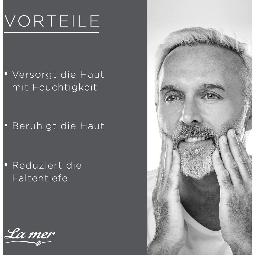 Werbefoto mit Mann. Text: Vorteile: versorgt die Haut mit Feuchtigkeit, beruhigt die Haut, reduziert die Faltentiefe. Logo La Mer.