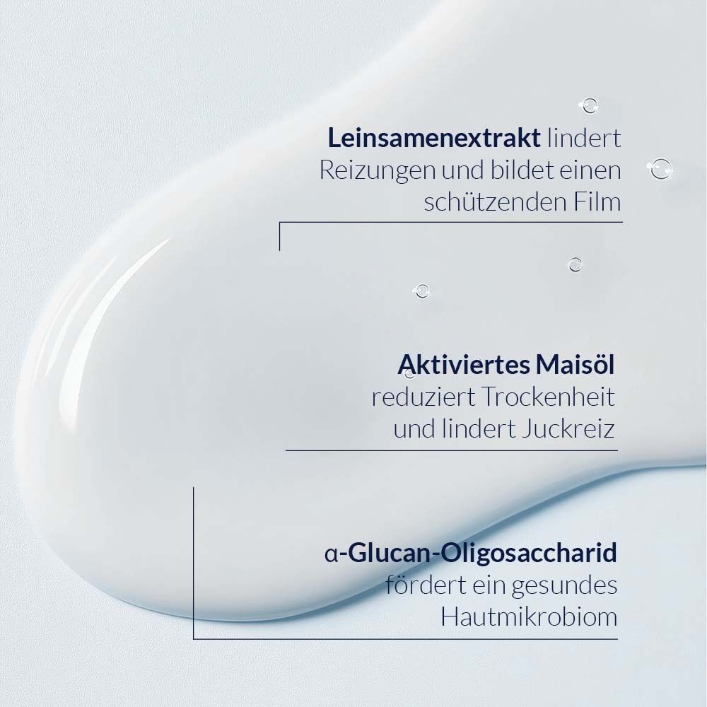 Nahaufnahme einer weißen Flüssigkeit mit Texten: Leinsamenextrakt, aktiviertes Maisöl, α-Glucan-Oligosaccharid.