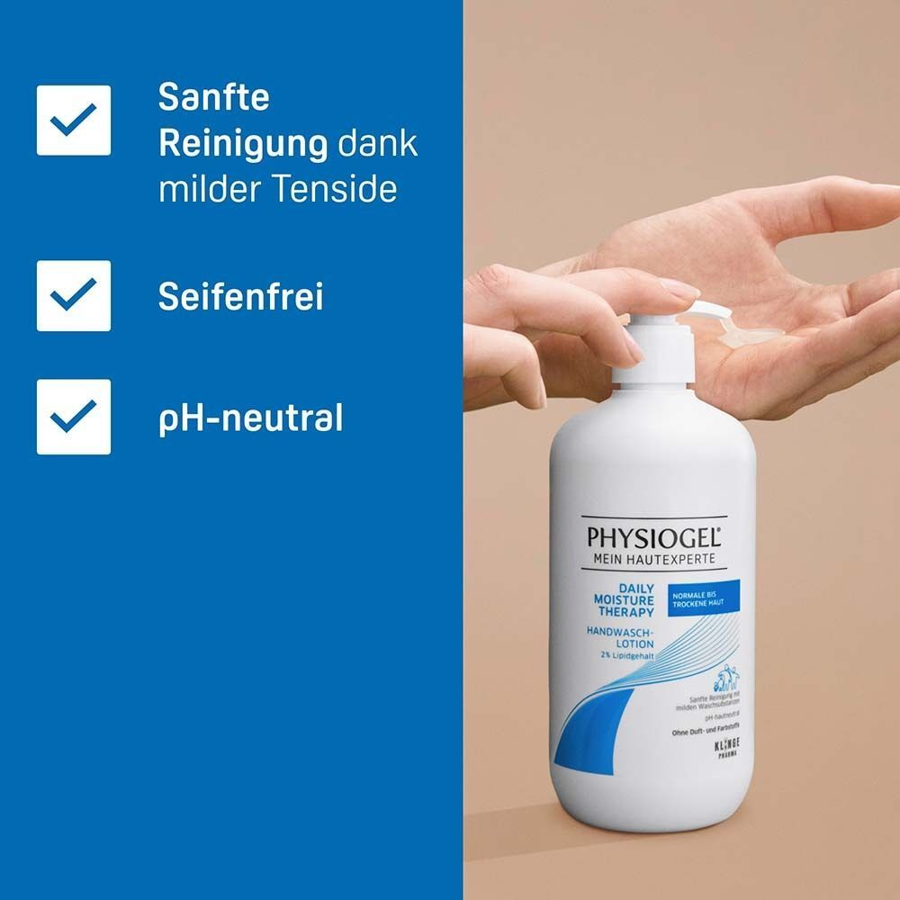 Weiße Flasche mit Pumpverschluss. Text: Sanfte Reinigung, seifenfrei, pH-neutral. PHYSIOGEL Daily Moisture Therapy.