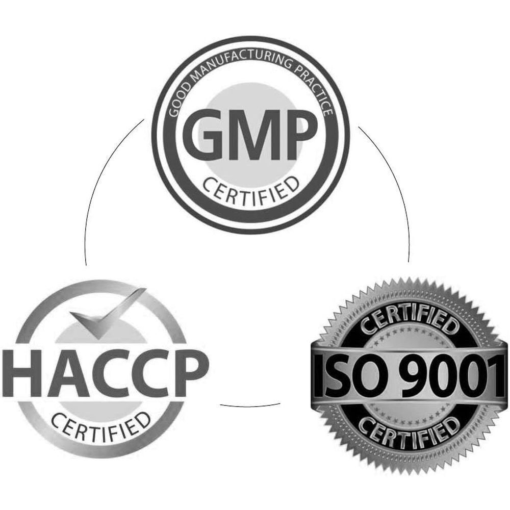 Drei Zertifizierungslogos: GMP, HACCP, ISO 9001.