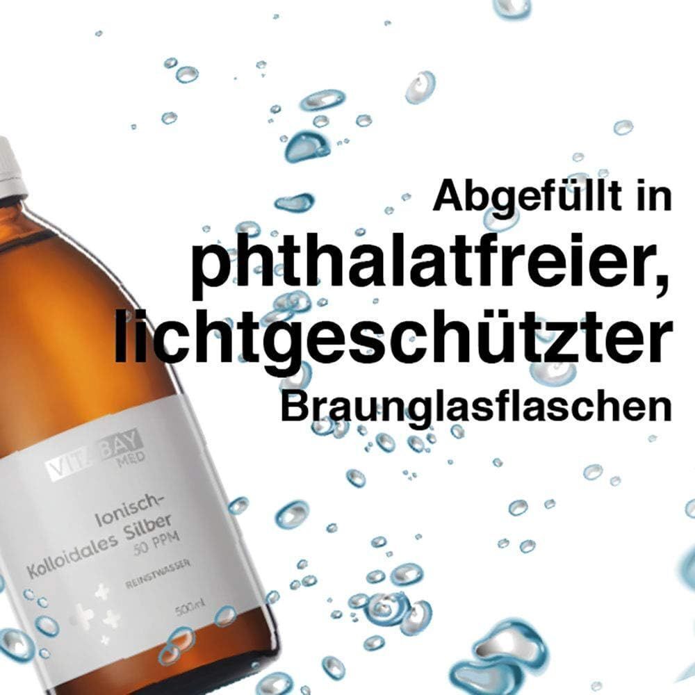Braune Flasche mit weißem Etikett und Wassertropfen. Text: Abgefüllt in phthalatfreier, lichtgeschützter Braunglasflaschen.