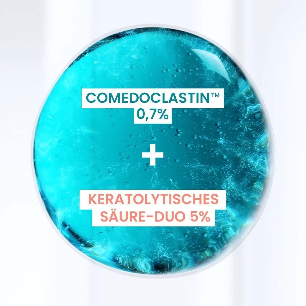 Blauer Hintergrund mit Text: Comedoclastin 0,7% + Keratolytisches Säure-Duo 5%.