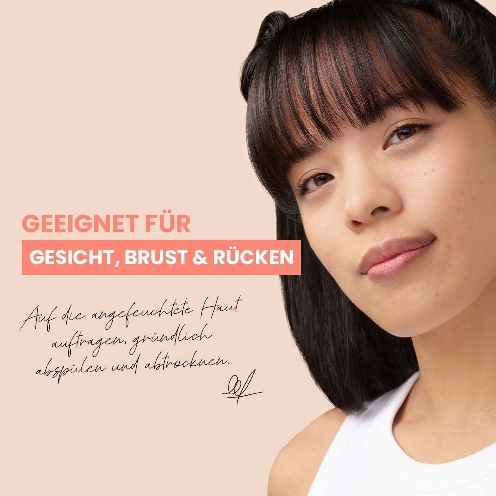 Gesicht einer Frau. Text: Geeignet für Gesicht, Brust & Rücken. Text: Auf die angefeuchtete Haut auftragen, gründlich abspülen und abtrocknen.