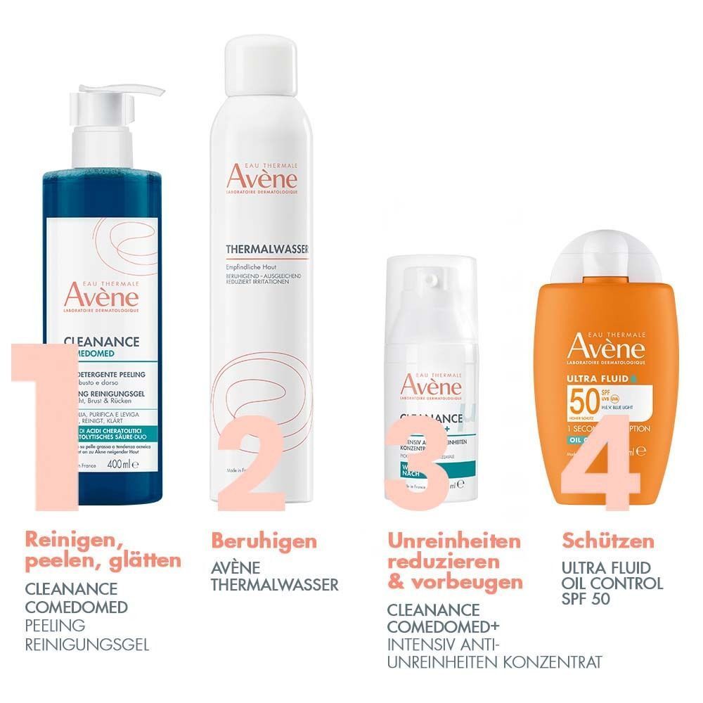 Vier Produkte: AVENE Cleanance Comedomed Peeling Reinigungsgel, Thermalwasser, Anti-Unreinheiten Konzentrat, Ultra Fluid Oil Control SPF 50. Nummeriert.