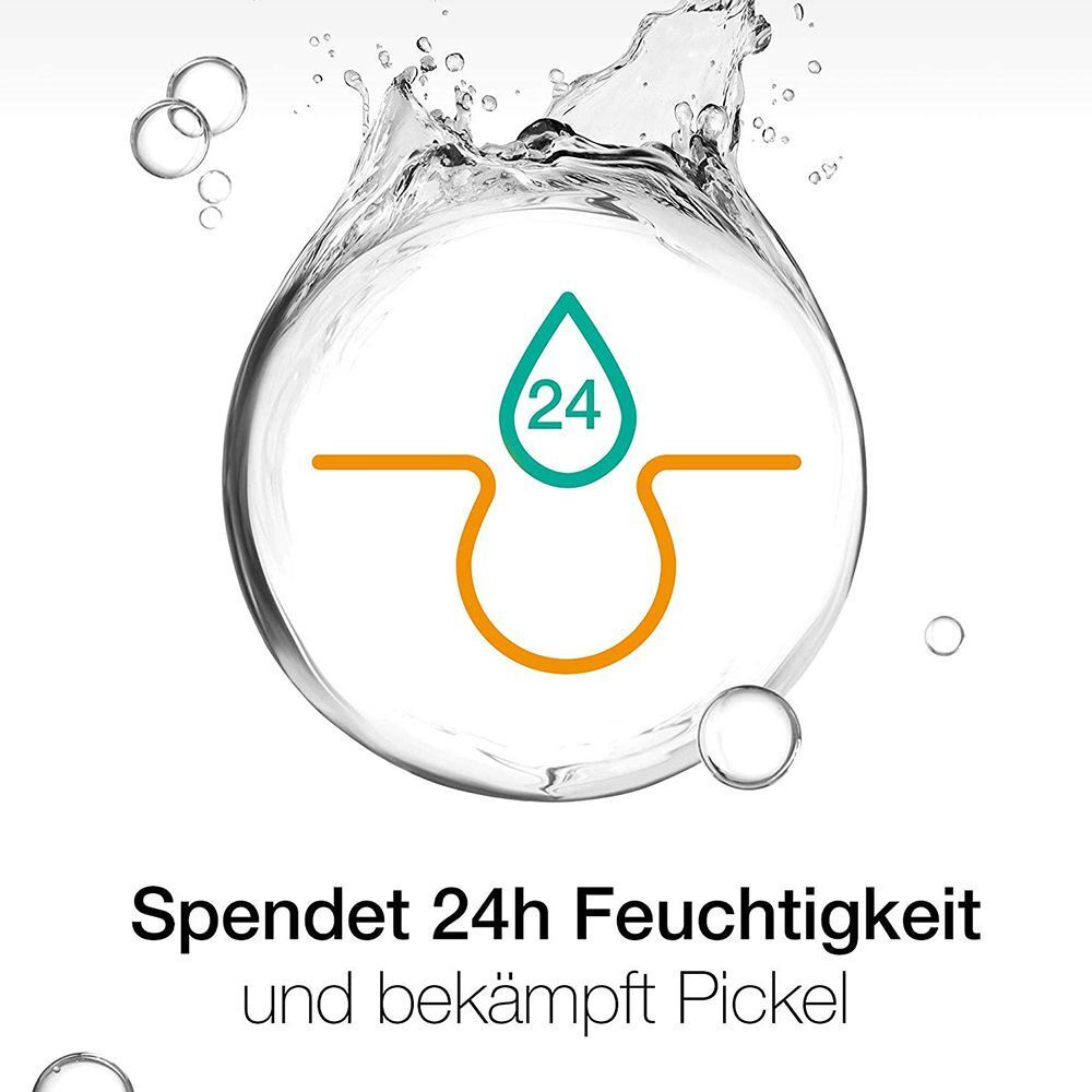 Grafik: Wassertropfen mit Zahl 24. Text: Spendet 24h Feuchtigkeit und bekämpft Pickel.
