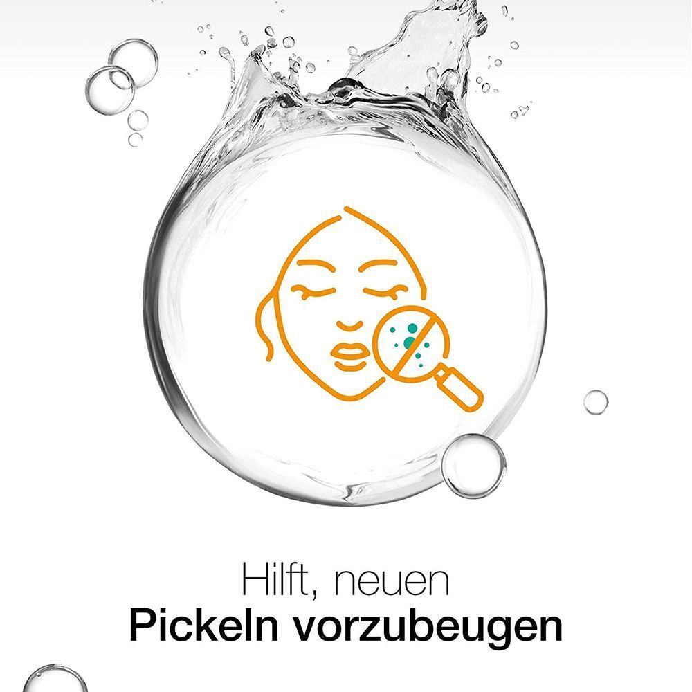 Grafik: Gesicht mit Lupe und Pickeln. Text: Hilft, neuen Pickeln vorzubeugen.
