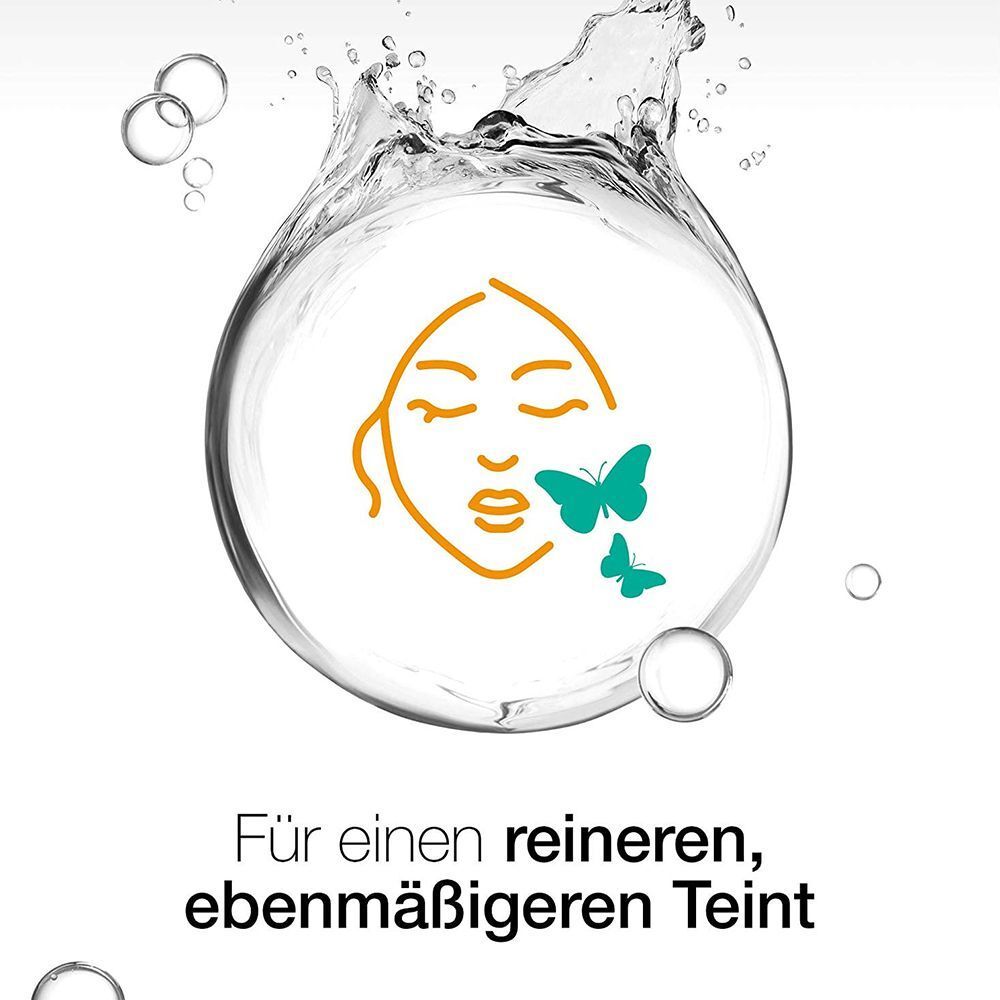Grafik: Gesicht mit Schmetterlingen. Text: Für einen reineren, ebenmäßigeren Teint.