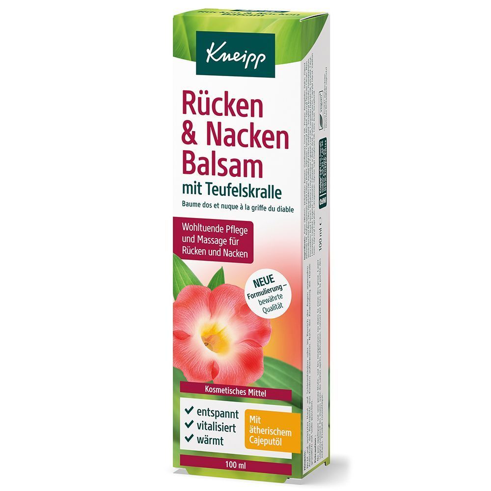 Verpackung mit Tube. Aufschrift: Rücken & Nacken Balsam mit Teufelskralle. Kosmetisches Mittel. Entspannt, vitalisiert, wärmt.