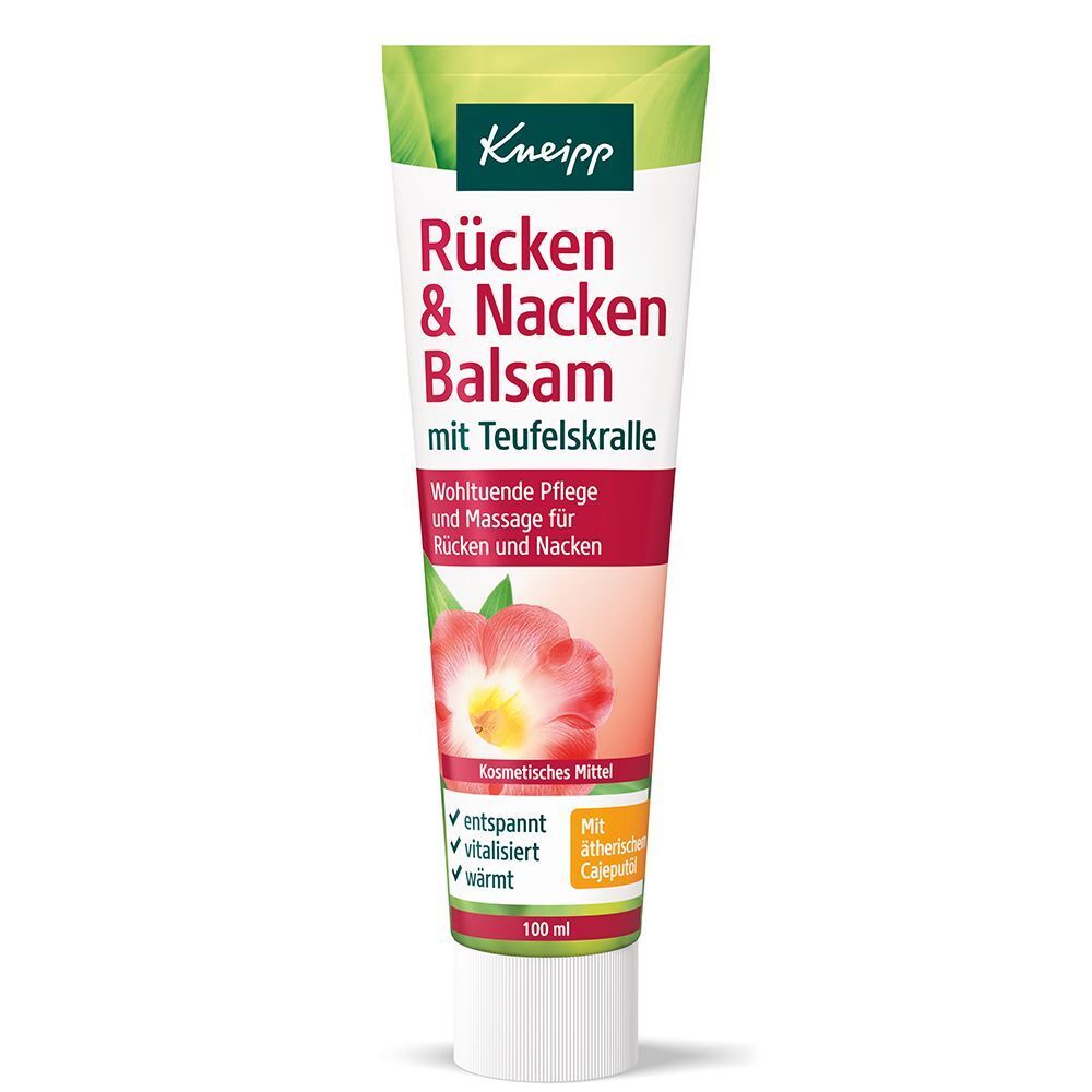 Tube. Aufschrift: Rücken & Nacken Balsam mit Teufelskralle. Kosmetisches Mittel. Entspannt, vitalisiert, wärmt.