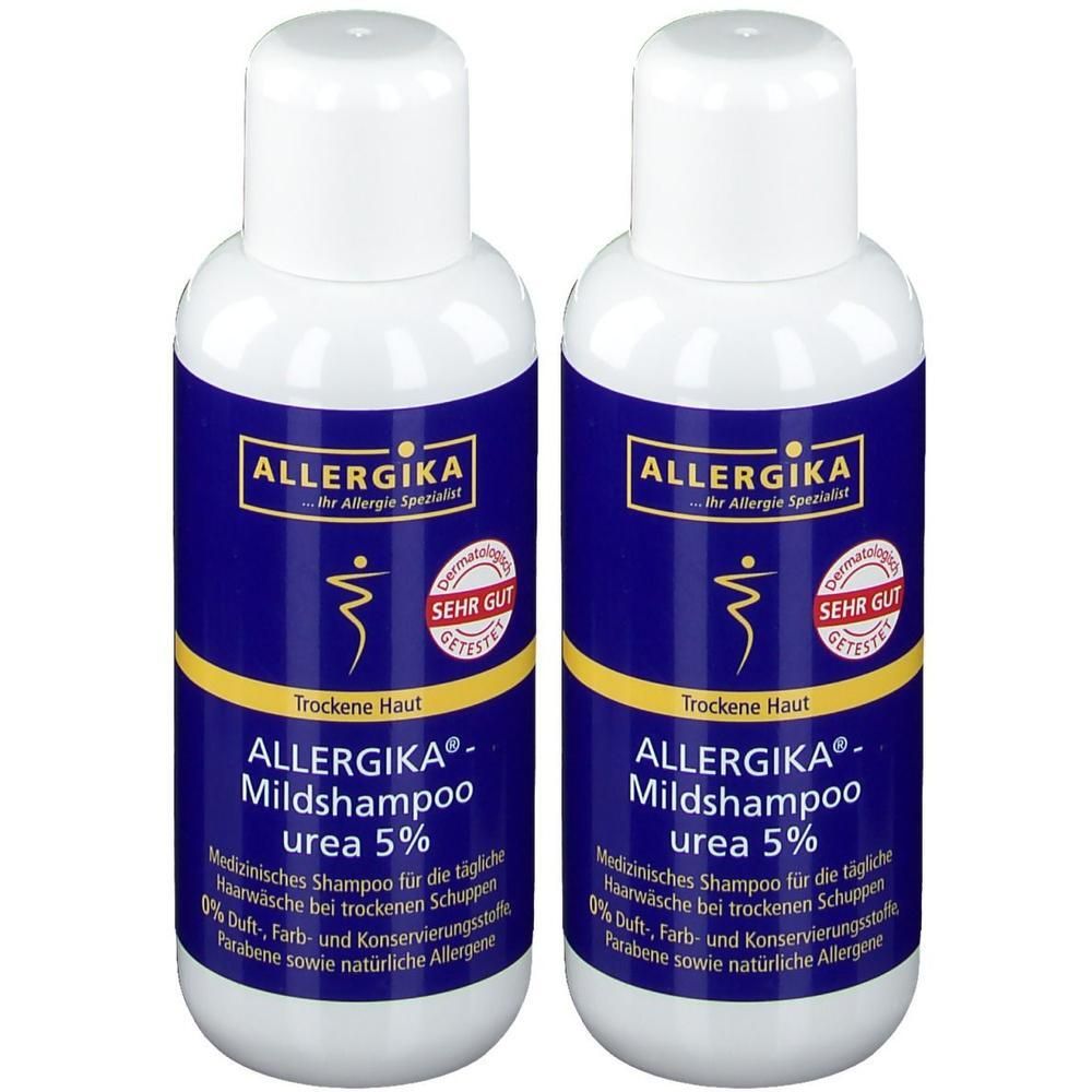 Zwei weiße Flaschen ALLERGIKA Mildshampoo urea 5% mit blauen Etiketten. Aufschrift: Sehr gut getestet. Für trockene Haut.