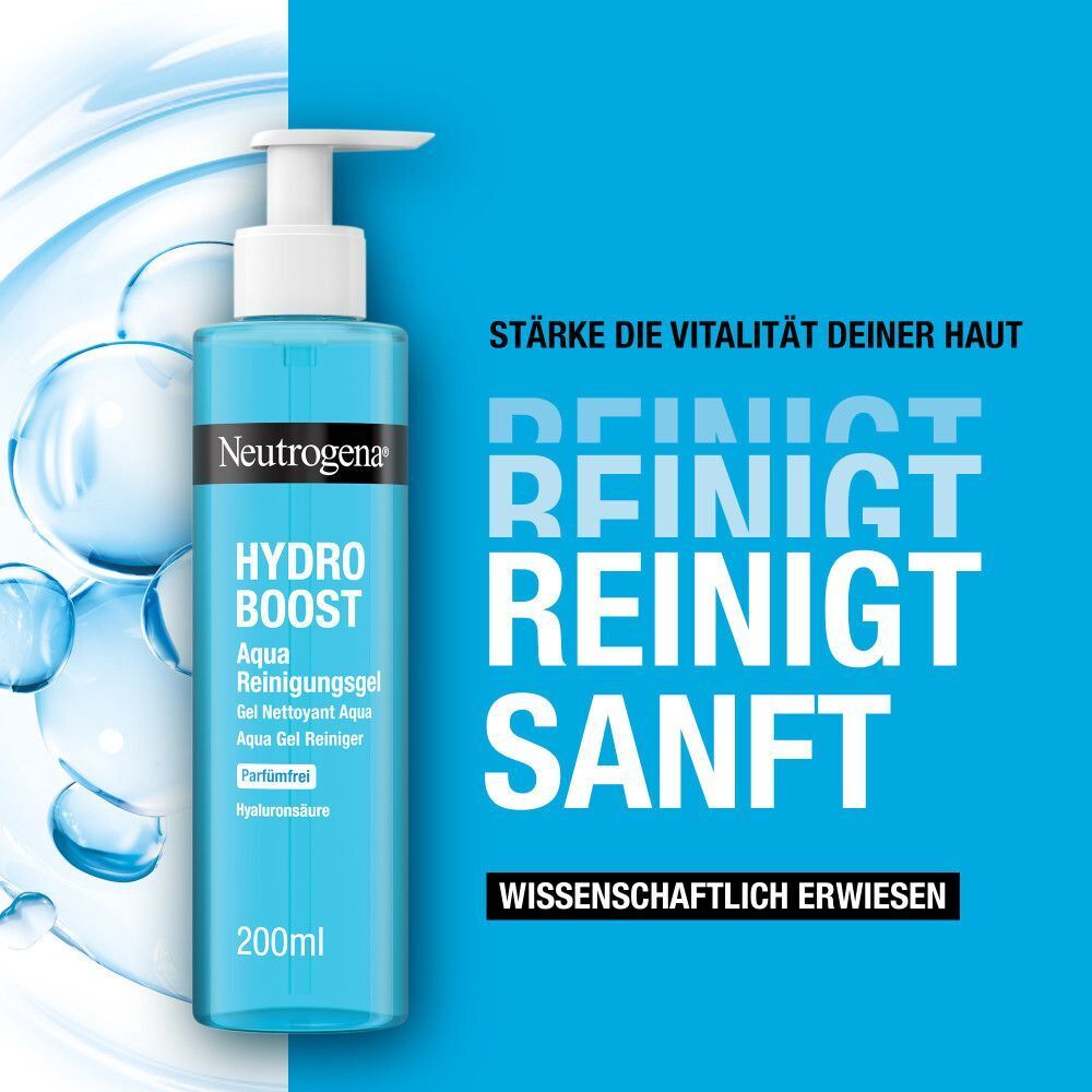Blaue Flasche mit weißem Pumpverschluss. Aufschrift: Neutrogena, Hydro Boost Aqua Reinigungsgel, parfümfrei. Text: Reinigt sanft.