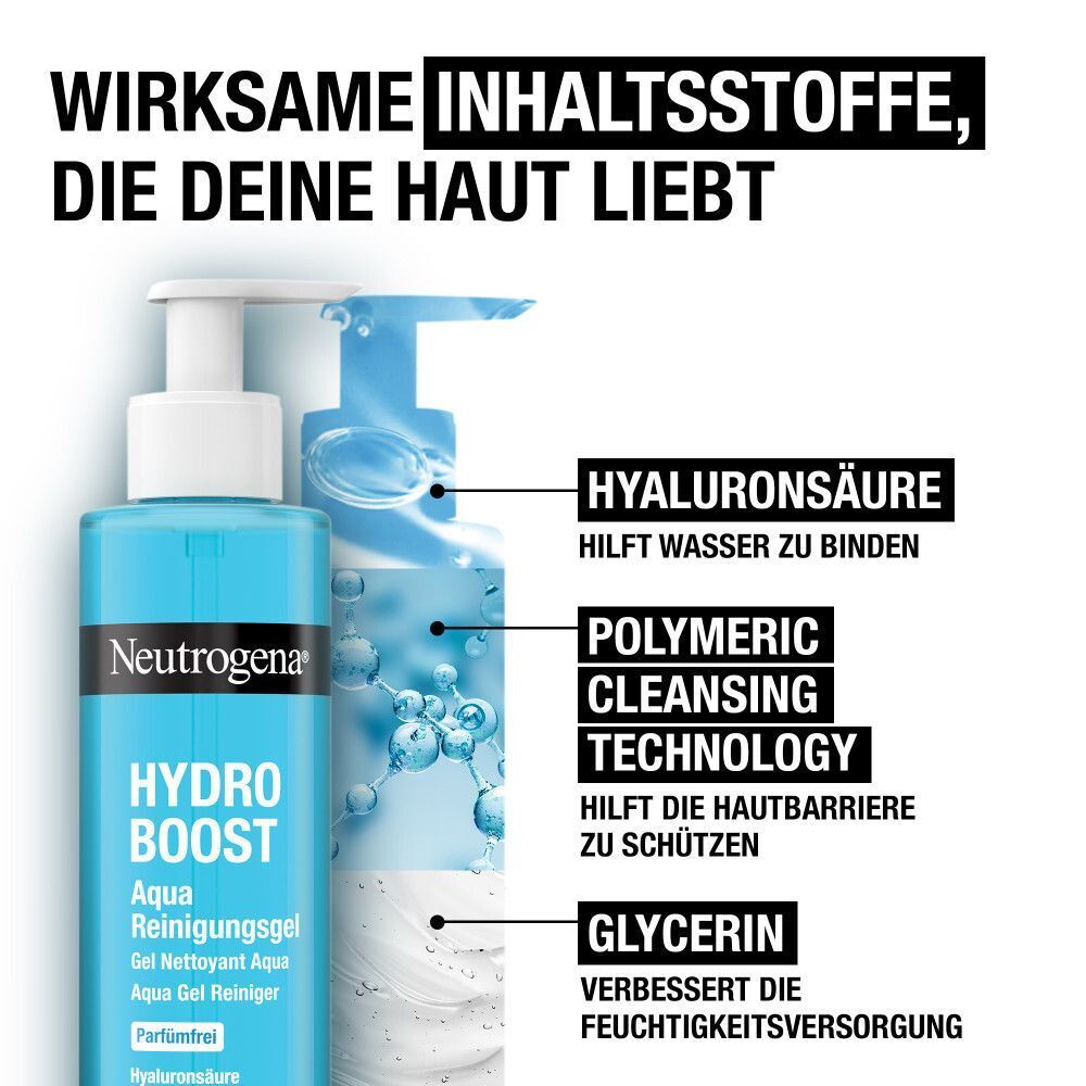 Blaue Flasche mit weißem Pumpverschluss. Aufschrift: Neutrogena, Hydro Boost Aqua Reinigungsgel, parfümfrei. Text: Hyaluronsäure, Glycerin.