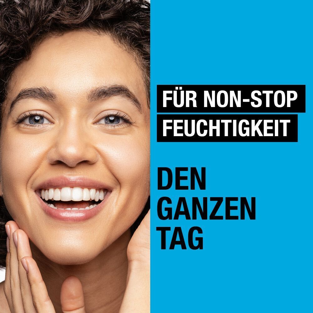 Frau mit strahlendem Gesicht. Text: Für Non-Stop Feuchtigkeit, den ganzen Tag.