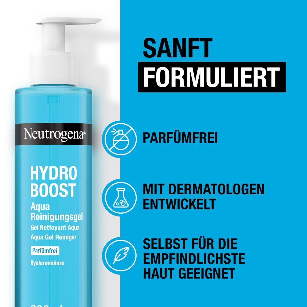Blaue Flasche mit weißem Pumpverschluss. Aufschrift: Neutrogena, Hydro Boost Aqua Reinigungsgel, parfümfrei. Text: Sanft formuliert.