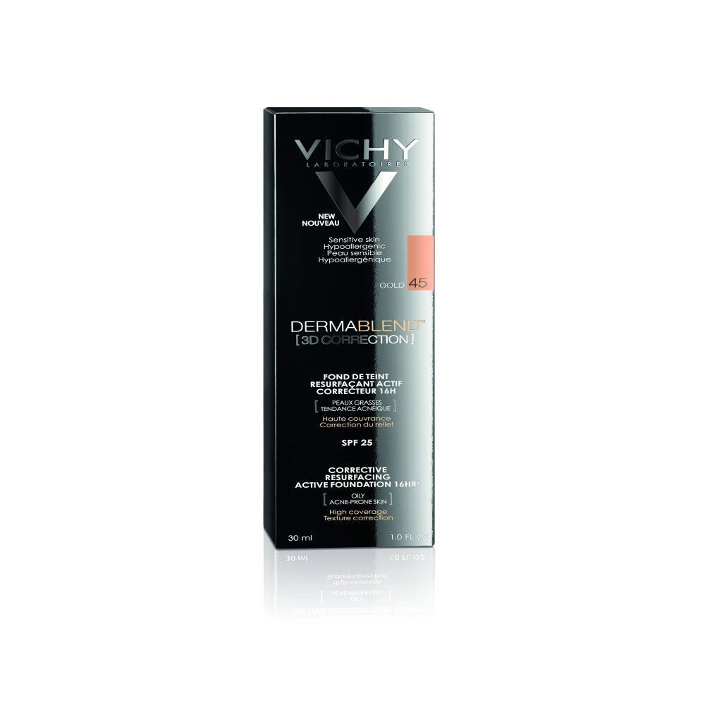 Schwarze Verpackung mit Produktinformationen. Farbton 45 ist markiert. Marke VICHY.