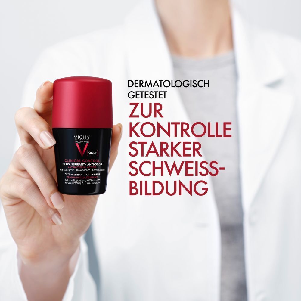 Person hält ein Deodorant. Text: Dermatologisch getestet zur Kontrolle starker Schweißbildung. Vichy Homme 96h.
