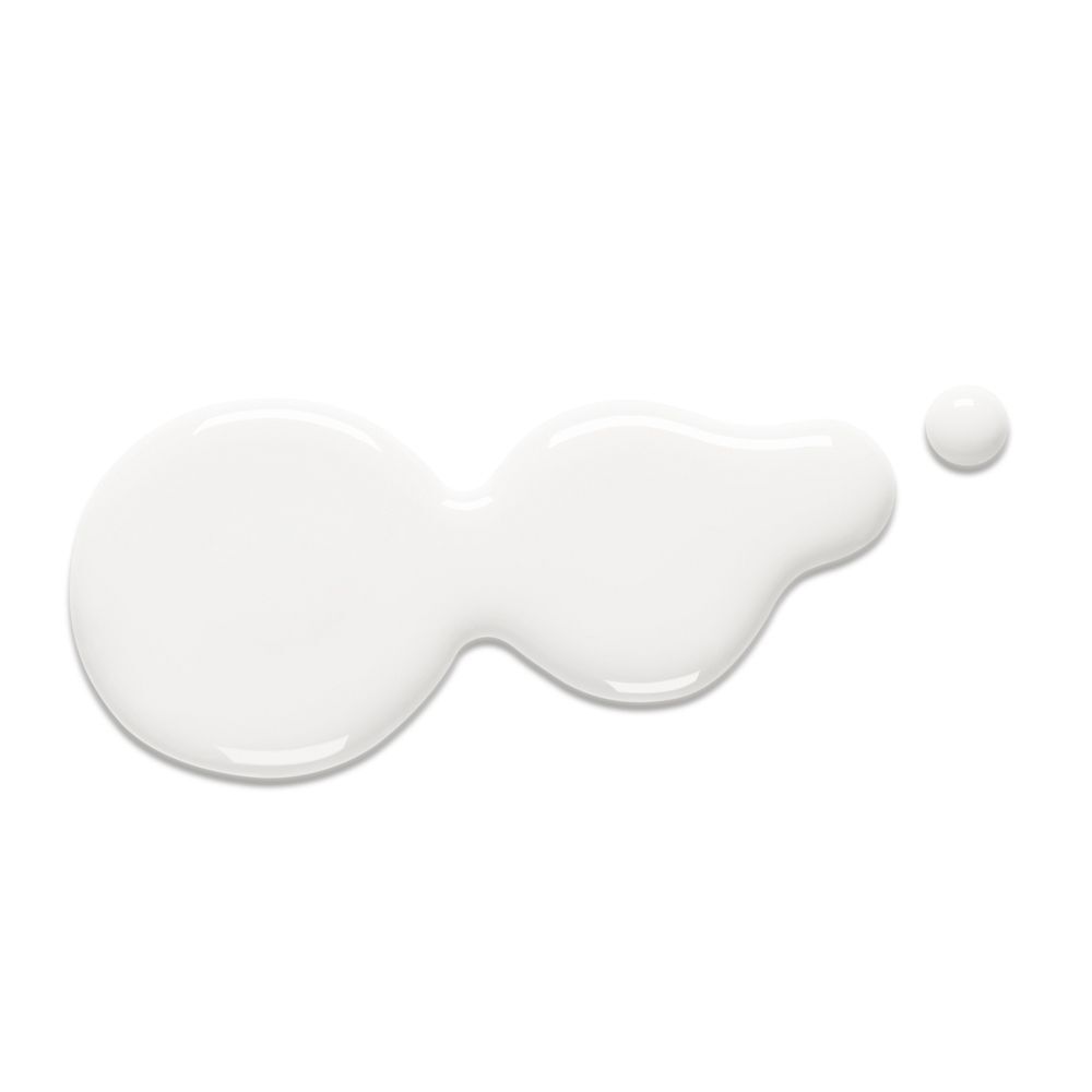 Weißes Fluid auf weißem Hintergrund. Geformt wie eine unregelmäßige Pfütze mit einem kleinen Tropfen.