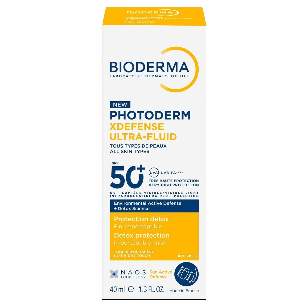 Gelb-weiße Verpackung. Aufschrift: BIODERMA Photoderm Xdefense Ultra-Fluid LSF 50+. Für alle Hauttypen.
