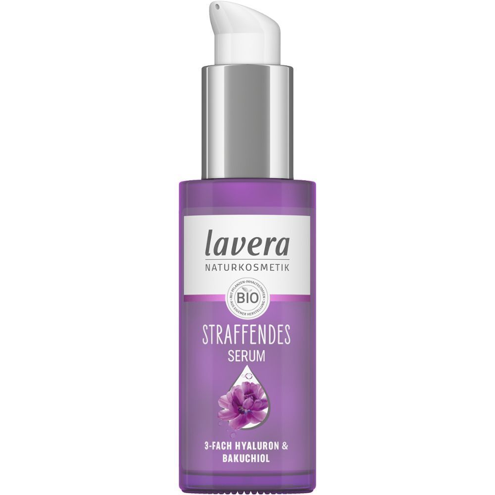 Serumflasche mit Pumpkopf. Aufschrift: LAVERA, STRAFFENDES SERUM, 3-FACH HYALURON & BAKUCHIOL. Bio-Siegel.