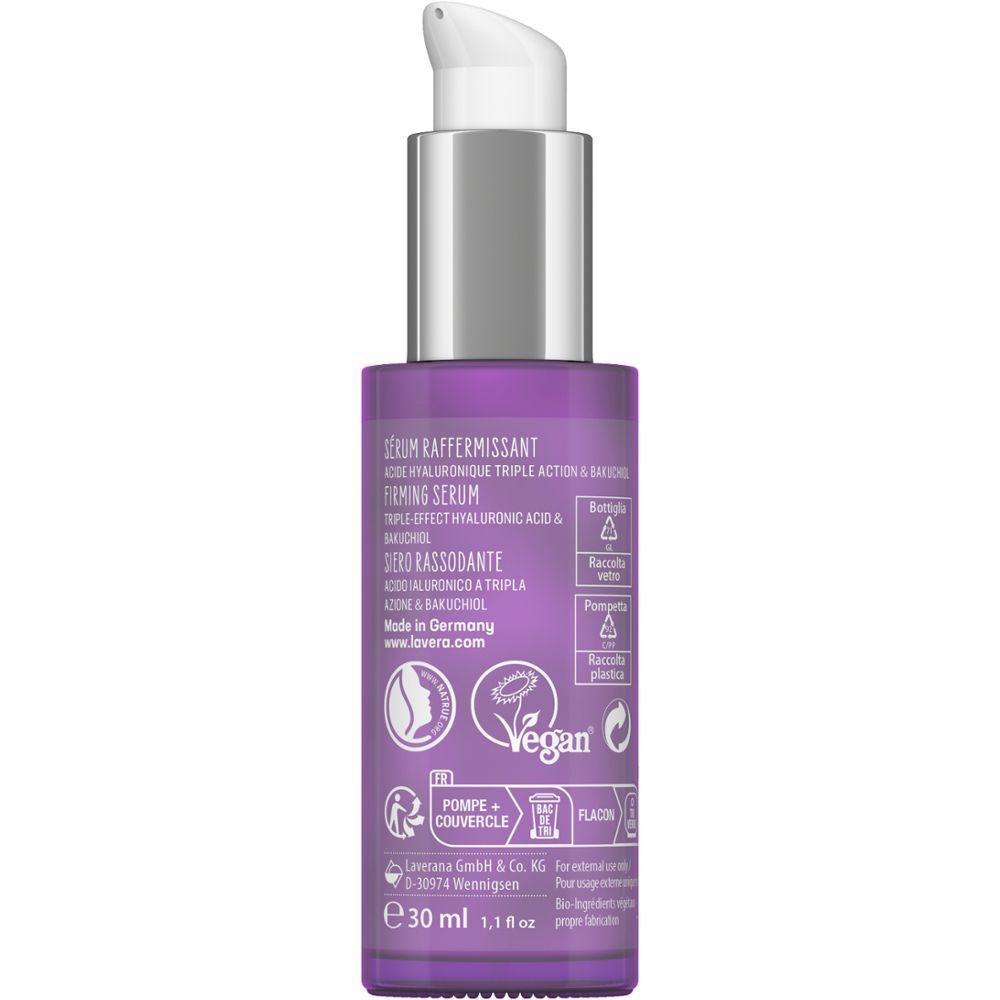 Rückseite der Serumflasche. Aufschrift: SERUM RAFFERMISSANT, 30 ml, Vegan-Logo, Informationen zum Hersteller.