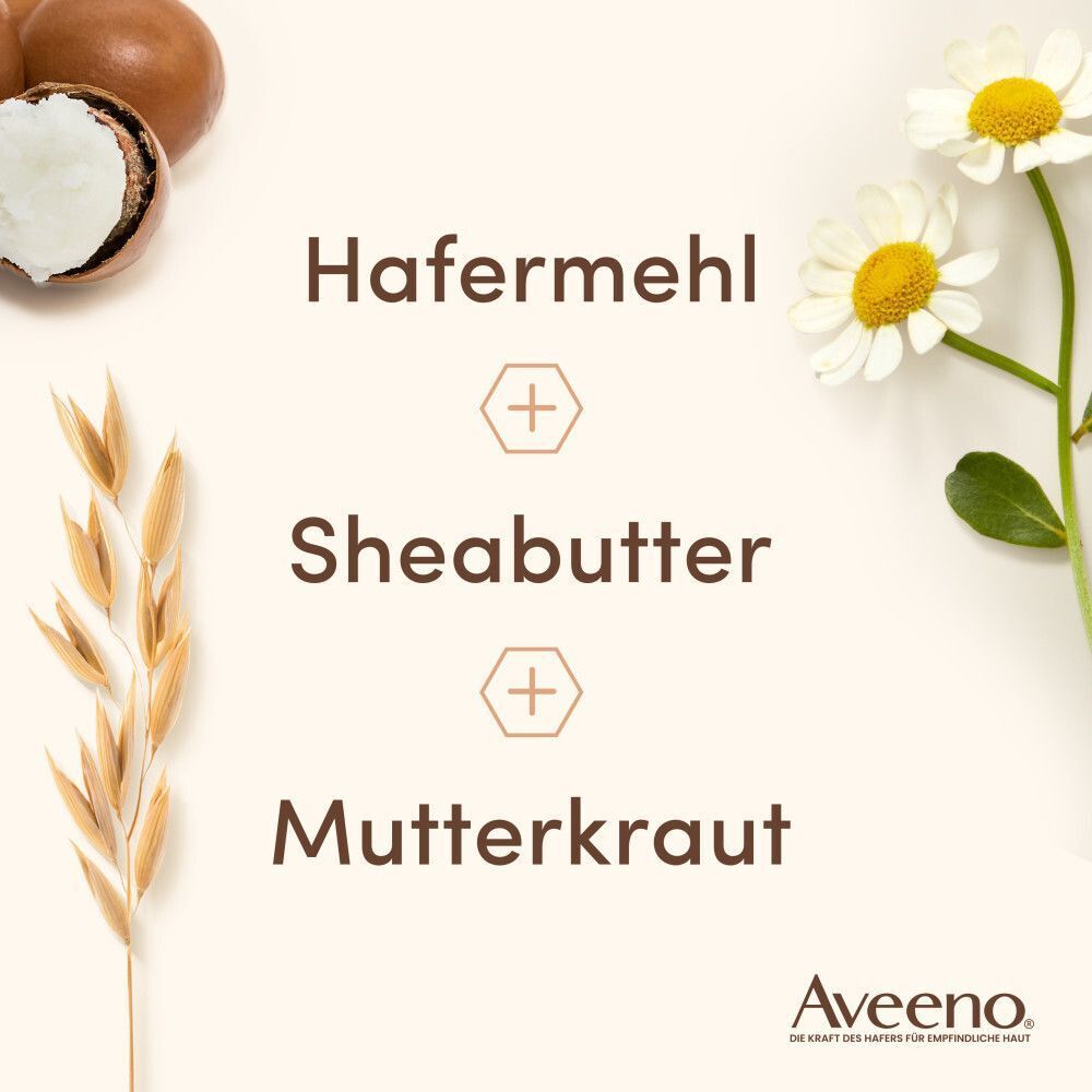Text mit den Worten Hafermehl, Sheabutter und Mutterkraut. Aveeno-Logo. Haferähre, Kamille und Sheabutter-Nuss.