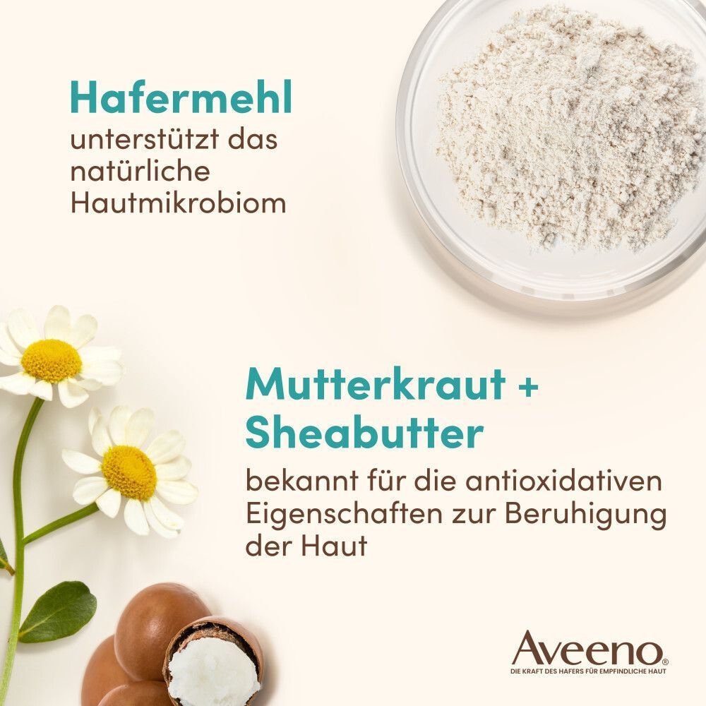 Text mit Hafermehl, Mutterkraut + Sheabutter. Kamille, Sheabutter-Nuss und Hafermehl in Schale. Aveeno-Logo.