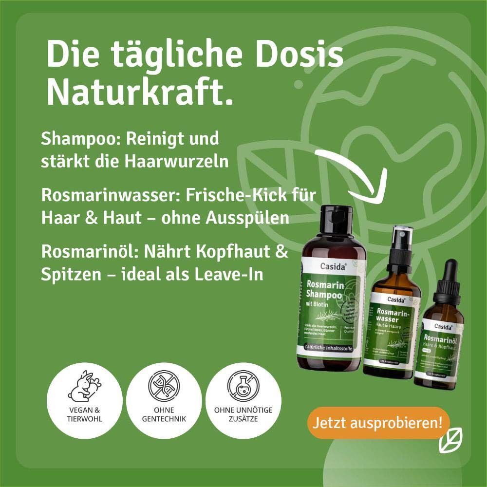 Drei Casida-Flaschen: Shampoo, Rosmarinwasser und Rosmarinöl auf grünem Hintergrund mit Text.