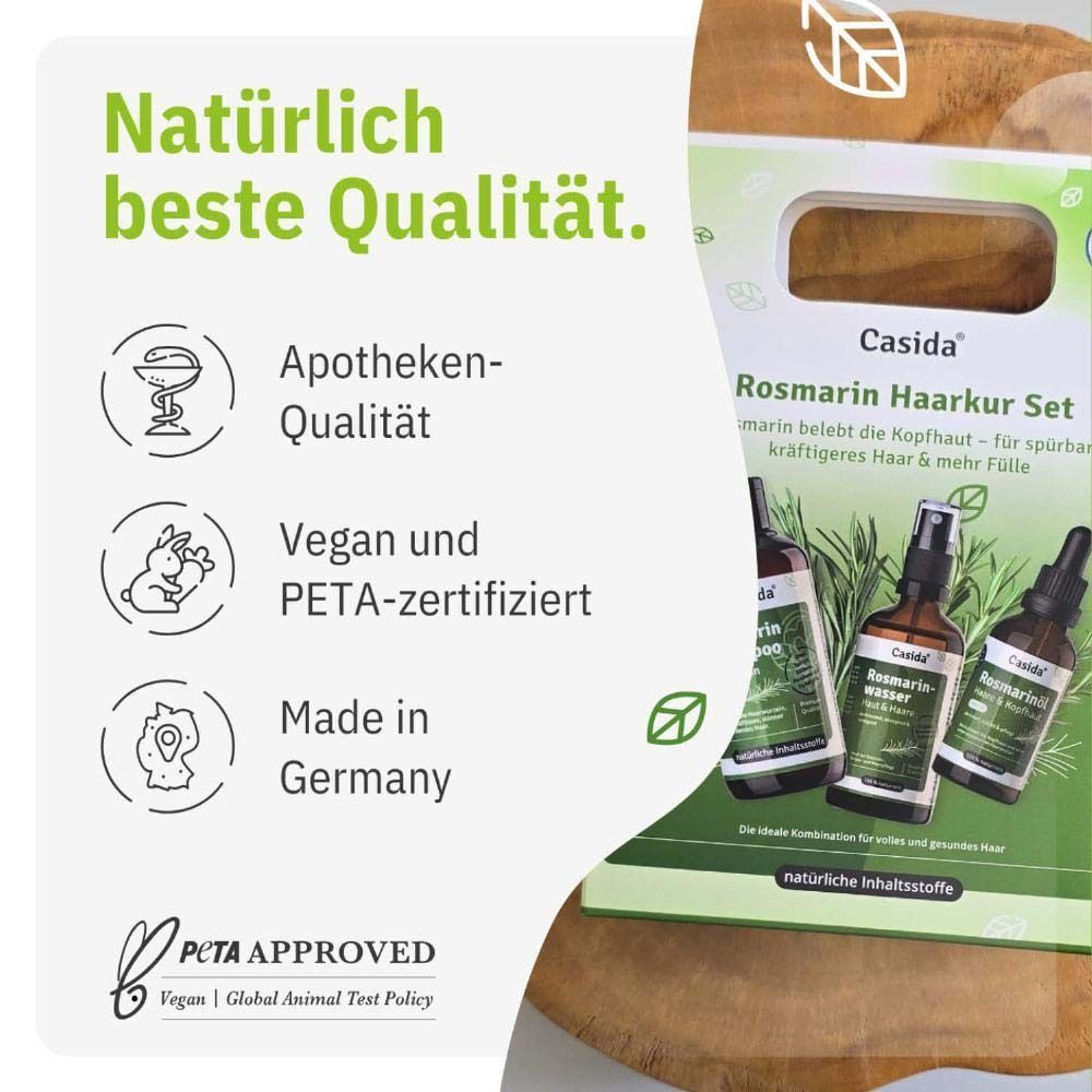 Casida Rosmarin Haarkur Set: Drei Flaschen mit Rosmarin-Haarpflegeprodukten, PETA-zertifiziert, Made in Germany.