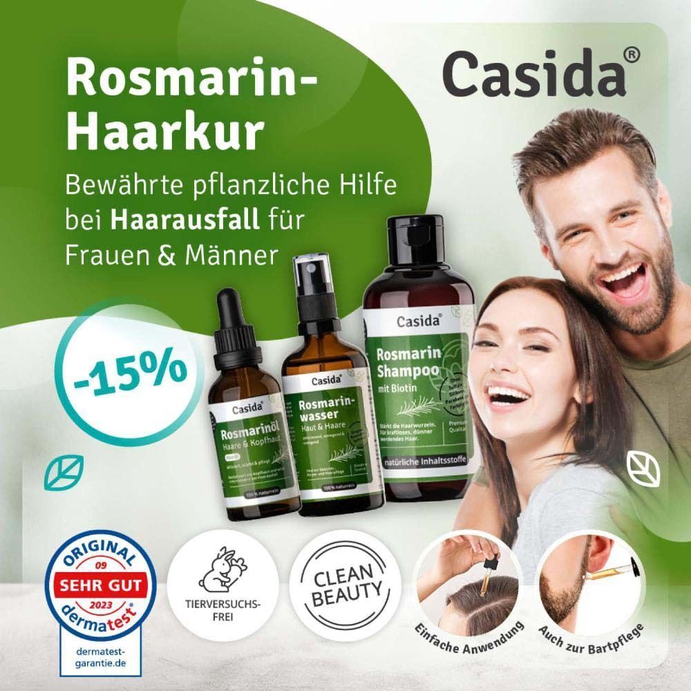 Casida Rosmarin Haarkur, Shampoo und Haarwasser in Braunglasflaschen. "Original sehr gut" Siegel.