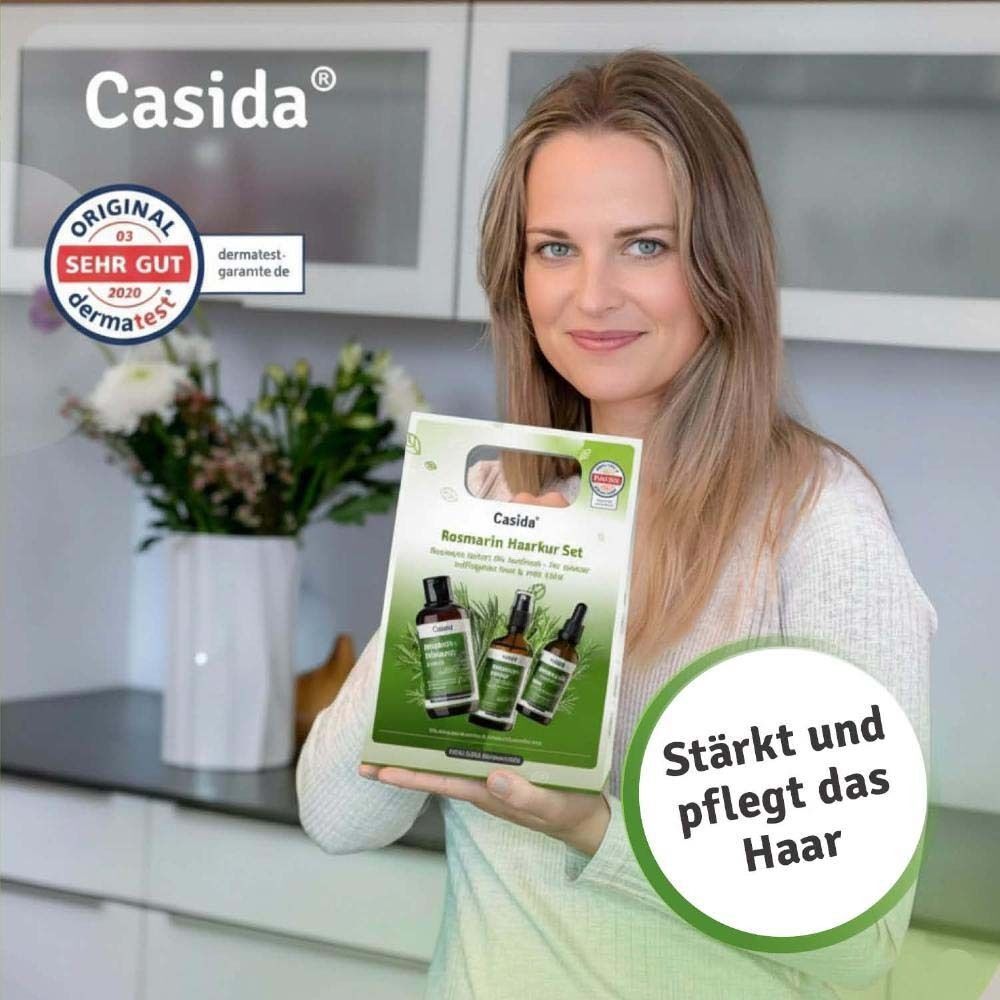 Casida Rosmarin Haarkur Set mit drei Fläschchen und Pipetten. "Stärkt und pflegt das Haar".
