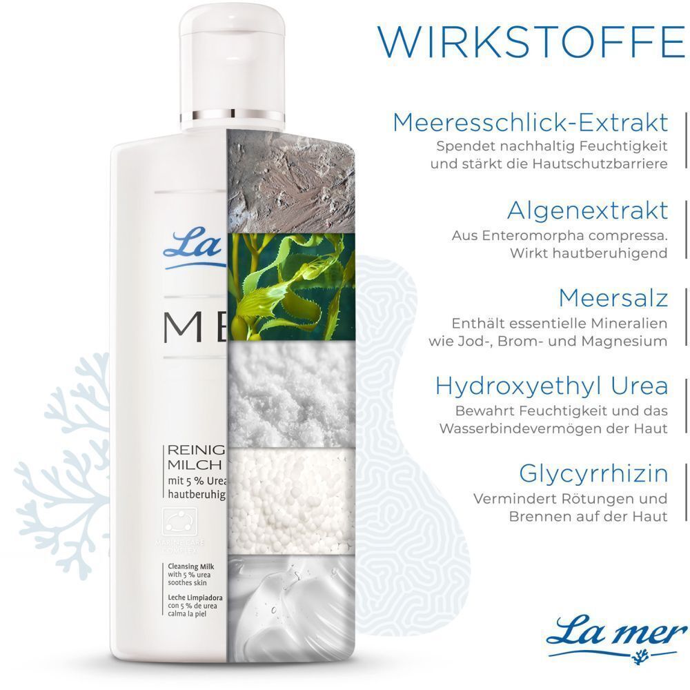 Grafik mit Inhaltsstoffen der LA MER MED Reinigungsmilch. Meeresschlick-Extrakt, Algenextrakt, Meersalz, Hydroxyethyl Urea, Glycyrrhizin.