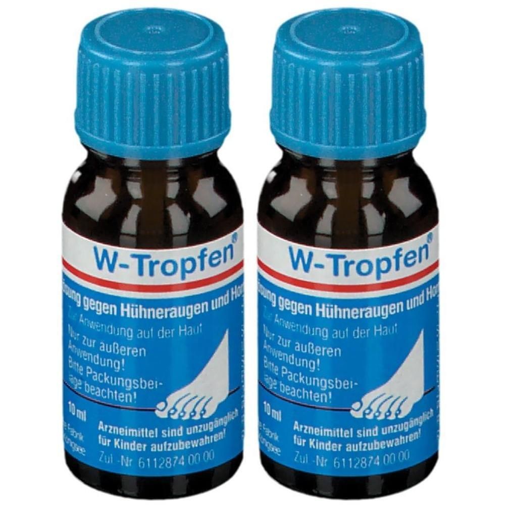 Zwei Flaschen W-Tropfen mit blauen Schraubverschlüssen. Braune Glasflaschen mit weißen Etiketten, die Fußabbildungen zeigen.