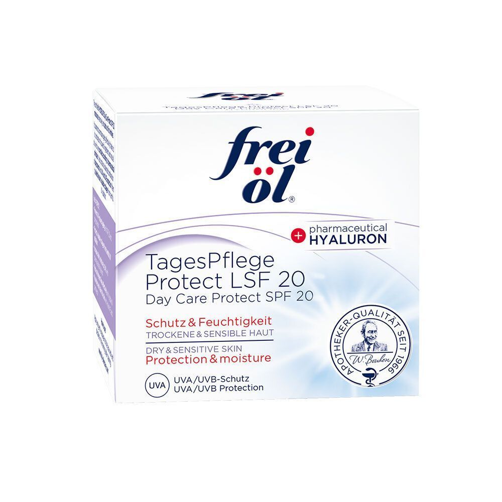 Weiße Verpackung FREI ÖL TagesPflege Protect LSF 20. Aufschrift: Day Care Protect SPF 20. Schutz & Feuchtigkeit. HYALURON.