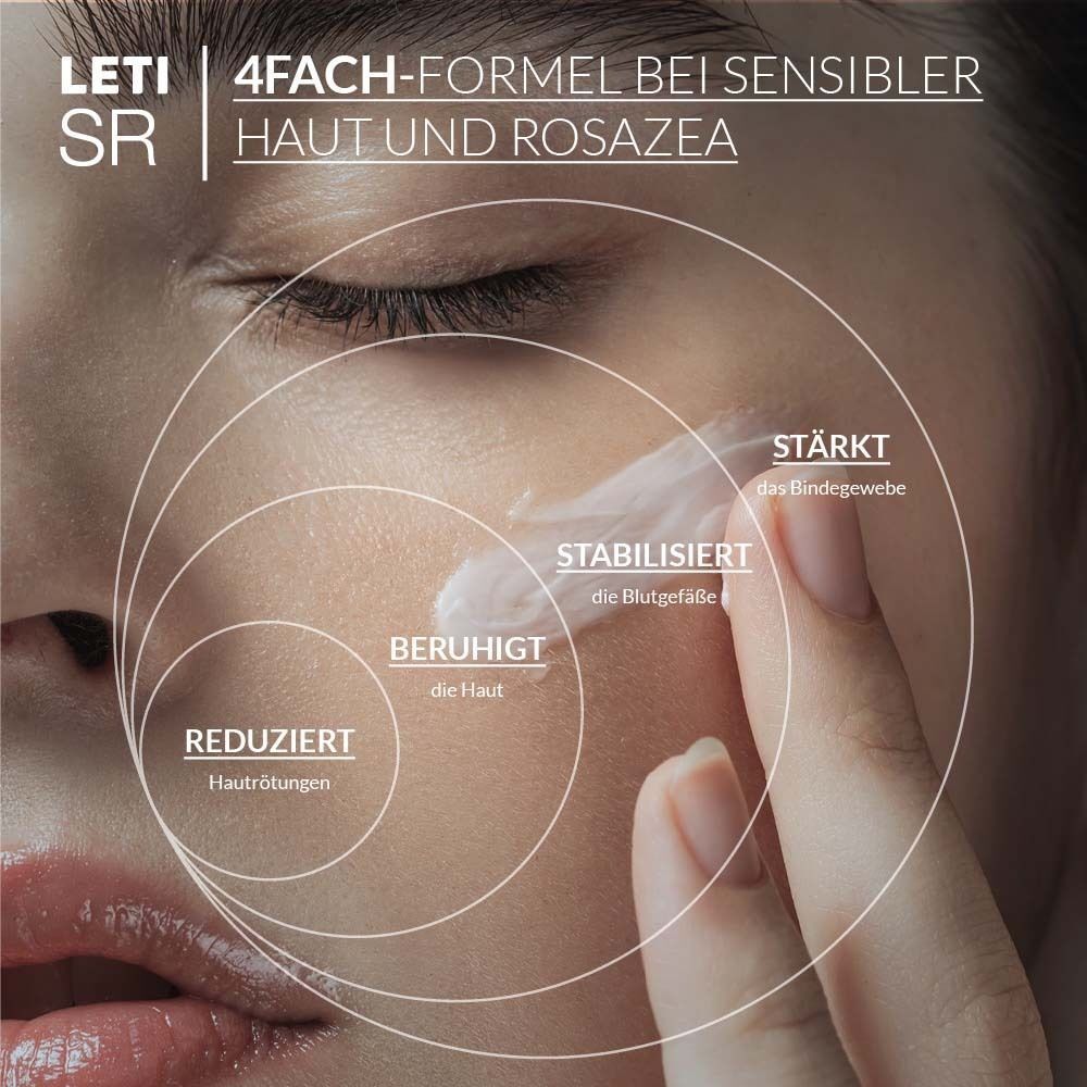 Gesicht mit Creme. Vier Kreise mit Text: Reduziert, Beruhigt, Stabilisiert, Stärkt. Text: 4-fach-Formel bei sensibler Haut und Rosazea.