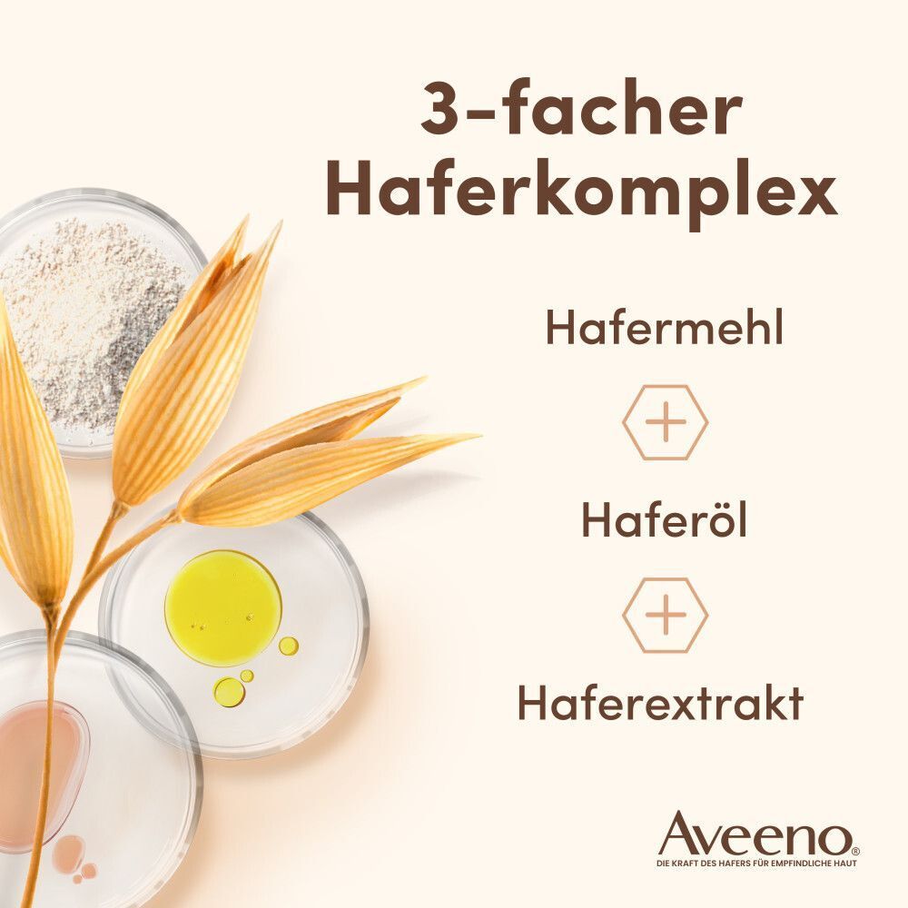 Drei Schalen mit Inhaltsstoffen: Hafermehl, Haferöl, Haferextrakt. Text: 3-facher Haferkomplex. Marke: Aveeno.